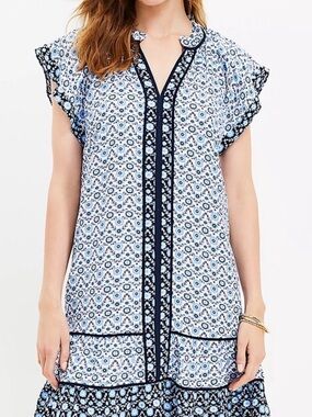 LOFT Cream and Light Blue Floral V-Neck Dress with Navy Trim